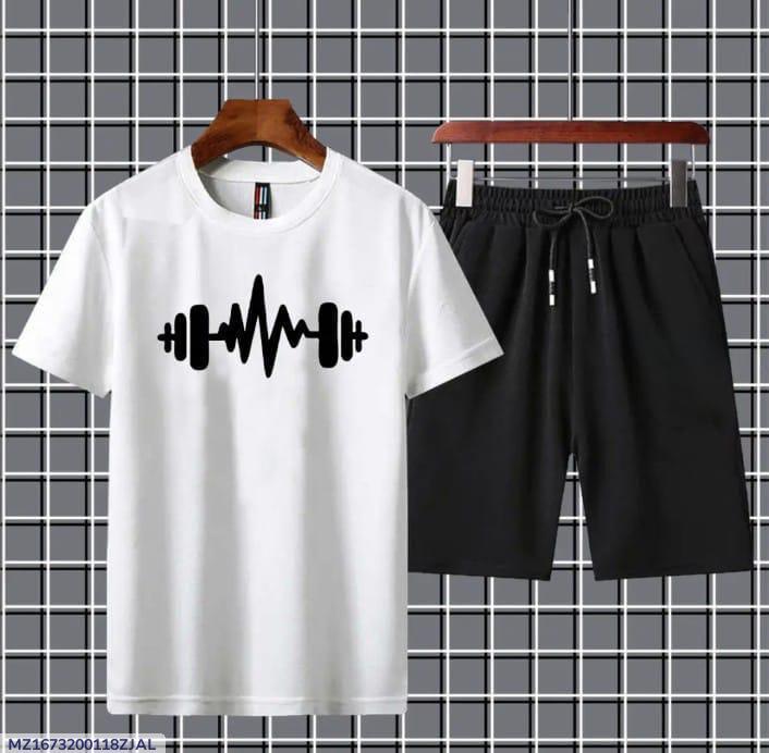 Men's 2-Piece Printed Jersey Tracksuit – T-Shirt & Shorts Set (Black, Gray, White)