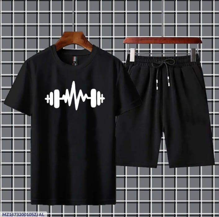 Men's 2-Piece Printed Jersey Tracksuit – T-Shirt & Shorts Set (Black, Gray, White)