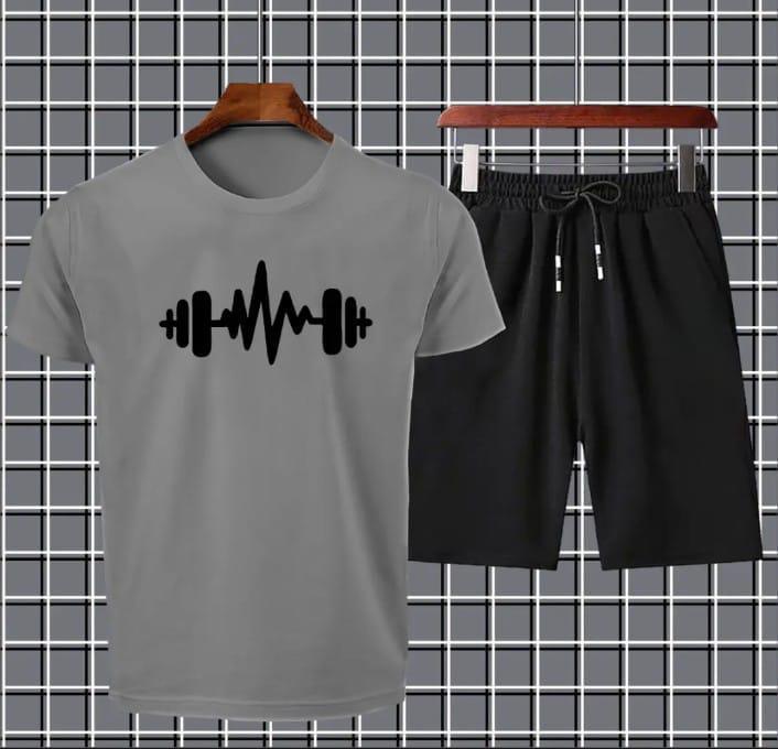Men's 2-Piece Printed Jersey Tracksuit – T-Shirt & Shorts Set (Black, Gray, White)
